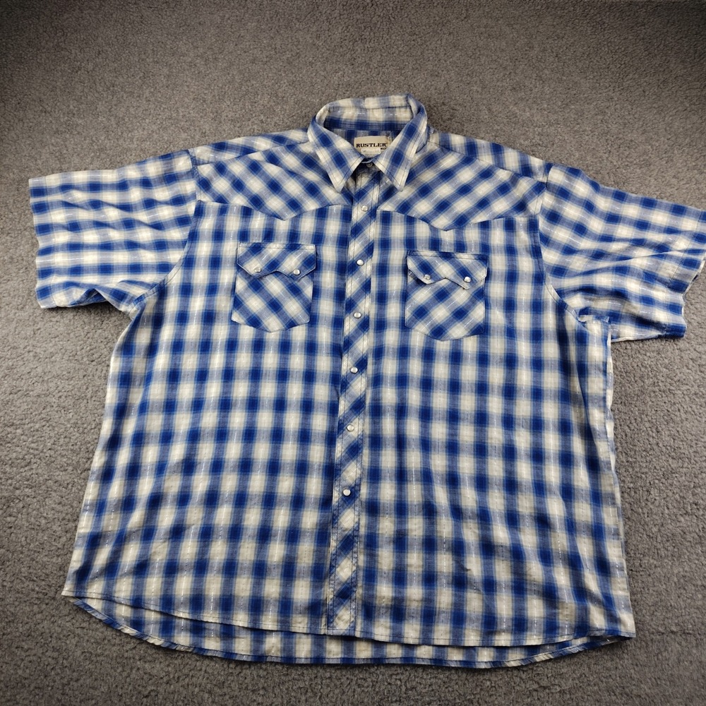 Rustler Wrangler Pearl Snap Shirt Mens 2XL Western Plaid Blue Metallic